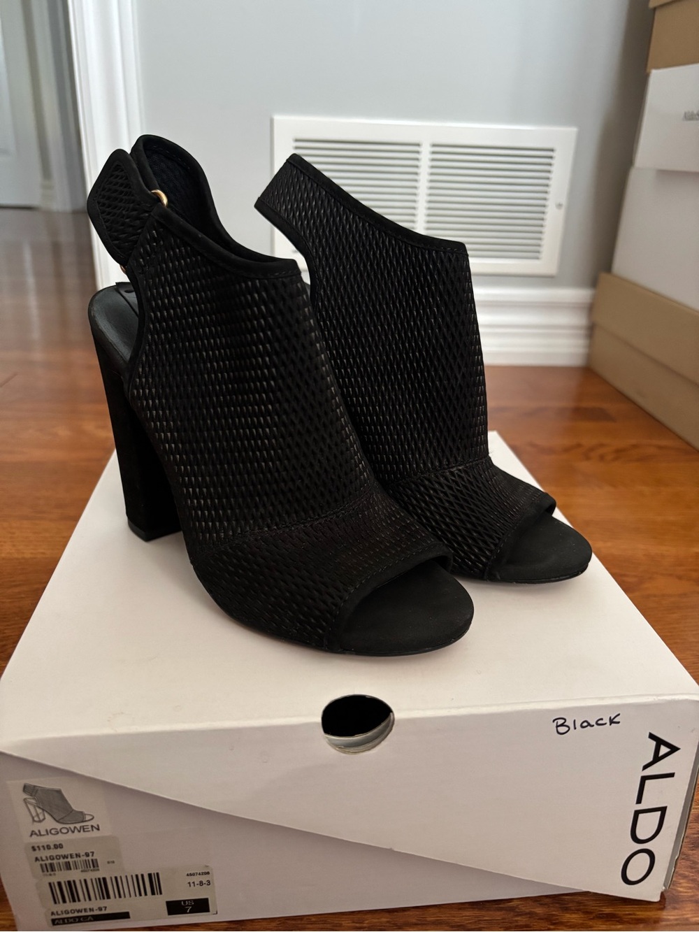 ALDO Black Mesh Peep-Toe Slingback Block Heels